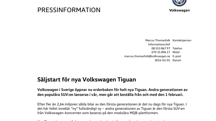 Säljstart för nya Volkswagen Tiguan