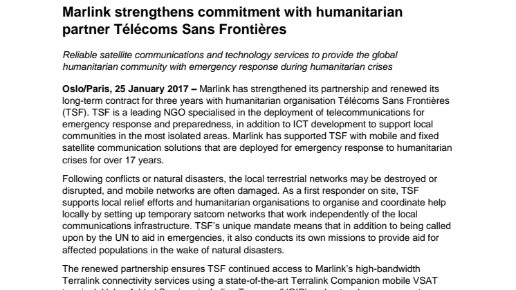 Marlink: Marlink strengthens commitment with humanitarian partner Télécoms Sans Frontières