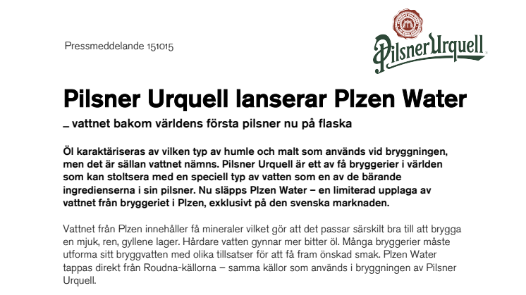 Pilsner Urquell lanserar Plzen Water – vattnet bakom världens första pilsner nu på flaska