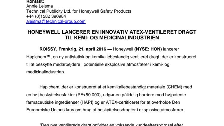 Honeywell lancerer en innovativ ATEX-ventileret dragt  til kemi- og medicinalindustrien