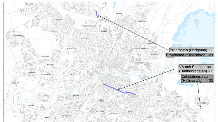 Karta över planerade gatuarbeten med större påverkan på framkomligheten i Örebro under 2023.