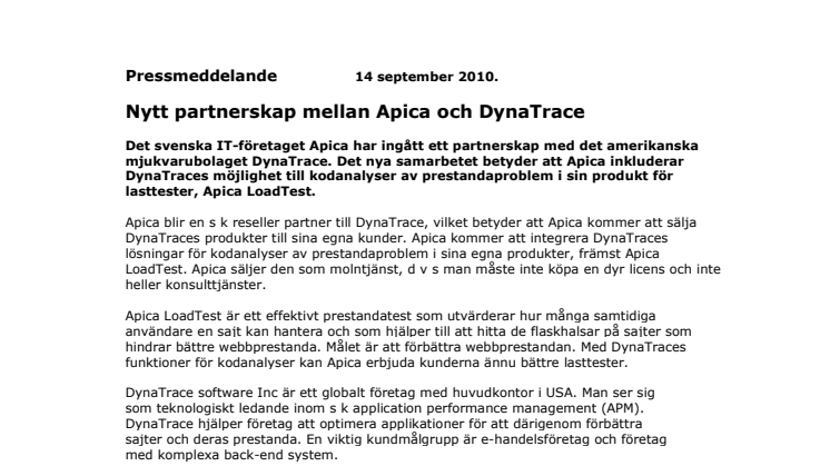 Nytt partnerskap mellan Apica och DynaTrace