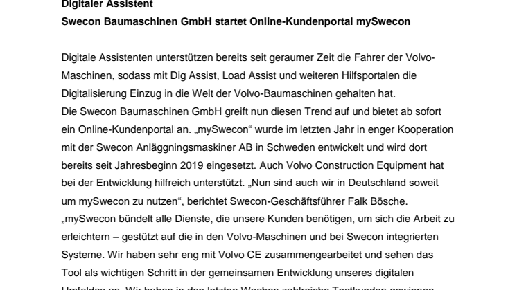 Digitaler Assistent - Swecon Baumaschinen GmbH startet Online-Kundenportal mySwecon 