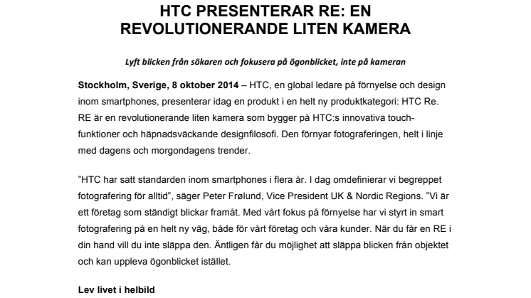 HTC PRESENTERAR RE: EN REVOLUTIONERANDE LITEN KAMERA
