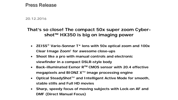 Sony lanserar Cyber-shot™ HX350 med 50x-superzoom