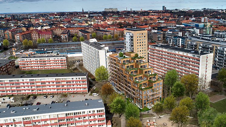 Ett terrasserat hus i fyra till nio våningar, som trappas ned successivt mot söder. Visionsbild: Link arkitektur