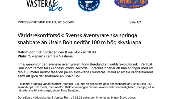 Världsrekordförsök: Svensk äventyrare ska springa snabbare än Usain Bolt nedför 100 m hög skyskrapa 
