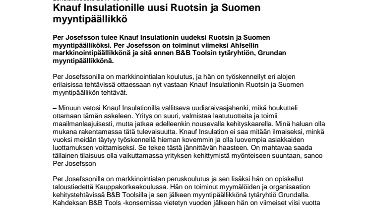Knauf Insulationille uusi Ruotsin ja Suomen myyntipäällikkö