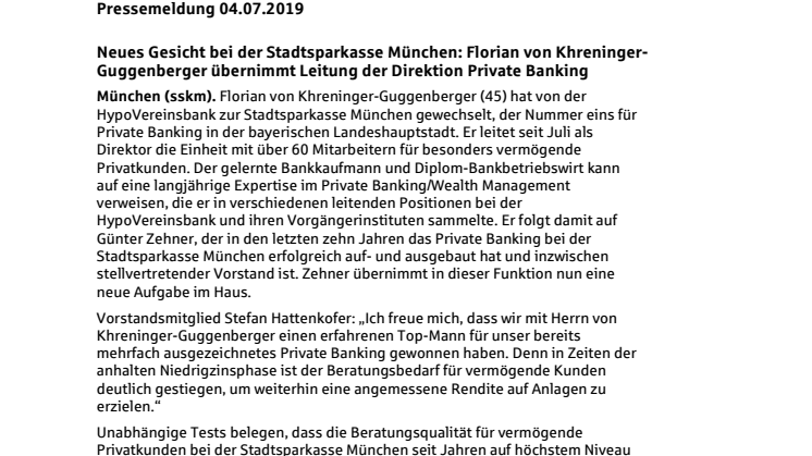 Neues Gesicht bei der Stadtsparkasse München: Florian von Khreninger-Guggenberger übernimmt Leitung der Direktion Private Banking