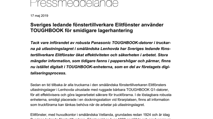 Sveriges ledande fönstertillverkare Elitfönster använder TOUGHBOOK för smidigare lagerhantering