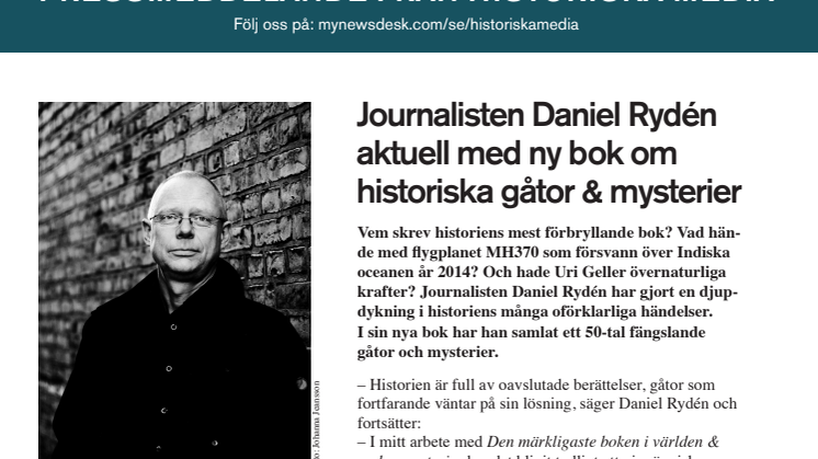 Journalisten Daniel Rydén aktuell med ny bok om historiska gåtor & mysterier