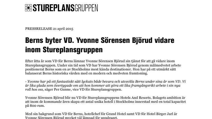 Berns byter VD. Yvonne Sörensen Björud vidare inom Stureplansgruppen 