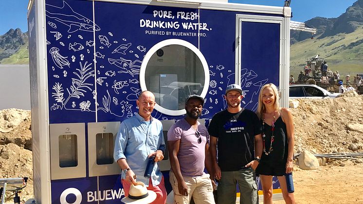 Bluewater keeps actors and production crew well hydrated. From left, Seton Bailey, CEO SA Film Academy,  James Muringani, Production Manager, Grant Killian, Unit & Transport Manager, and Janneke Brasecke, Bluewater Events                        