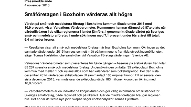 Värdebarometern 2015 Boxholms kommun