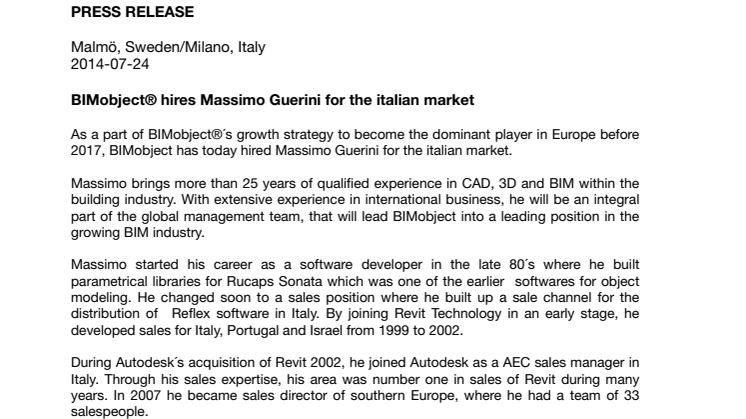 BIMobject® hires Massimo Guerini for the italian market