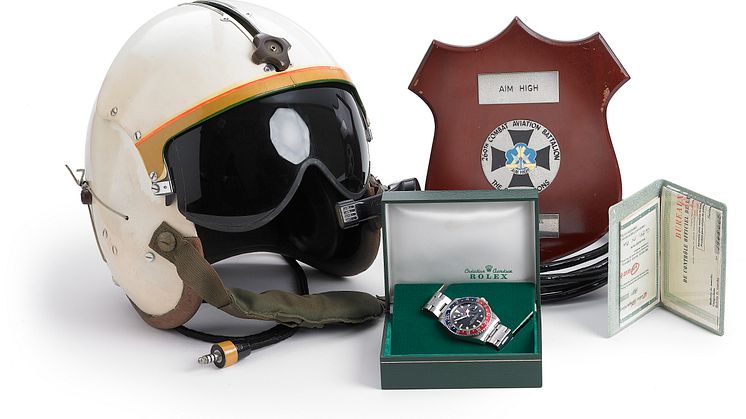 Included with the watch is Captain Sprinkel’s helicopter helmet, Rolex box, original certificate and receipt.