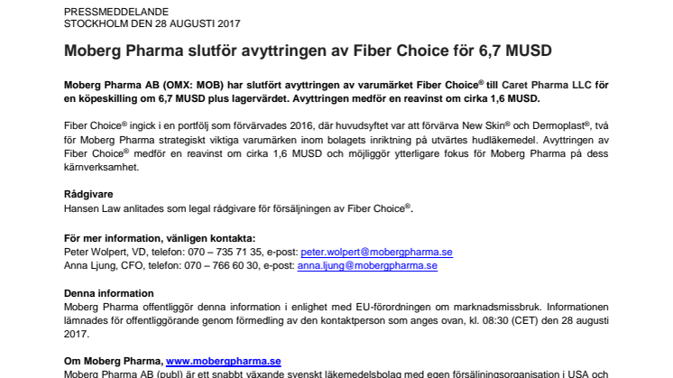 Moberg Pharma slutför avyttringen av Fiber Choice för 6,7 MUSD