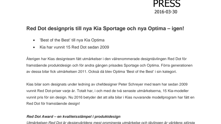 Red Dot designpris till nya Kia Sportage och nya Optima – igen!