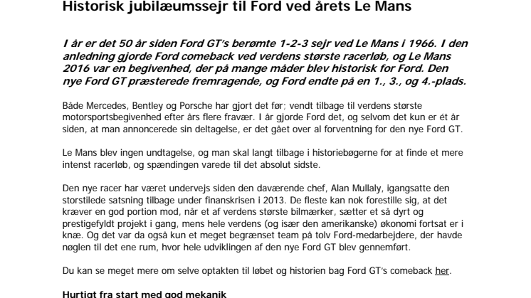 ​Historisk jubilæumssejr til Ford ved årets Le Mans