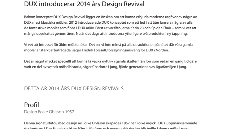 DUX introducerar 2014 års Design Revival