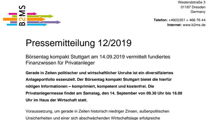 Investiert sein lohnt sich -  Börsentag kompakt Stuttgart am 14.09.2019