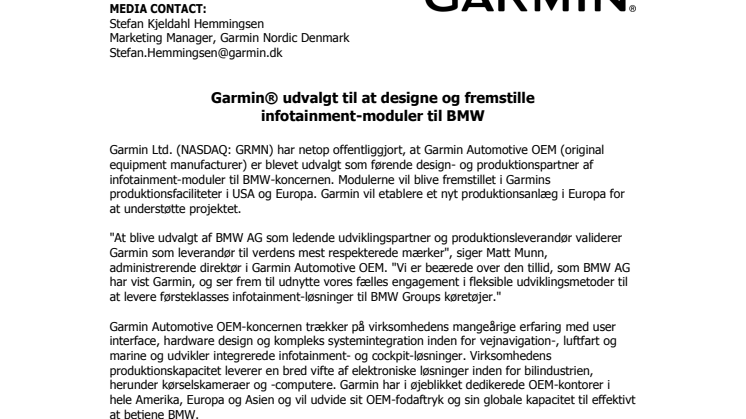 Garmin® udvalgt til at designe og fremstille  infotainment-moduler til bil producent