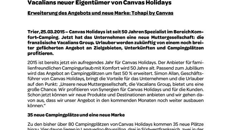 Vacalians neuer Eigentümer von Canvas Holidays