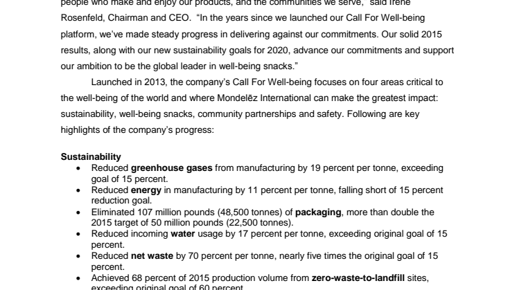 Mondelēz International Reports Solid Progress  toward its Call For Well-being Targets