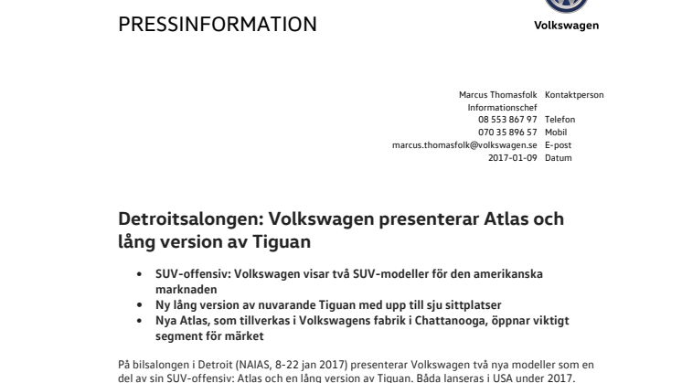 Detroitsalongen: Volkswagen presenterar Atlas och lång version av Tiguan