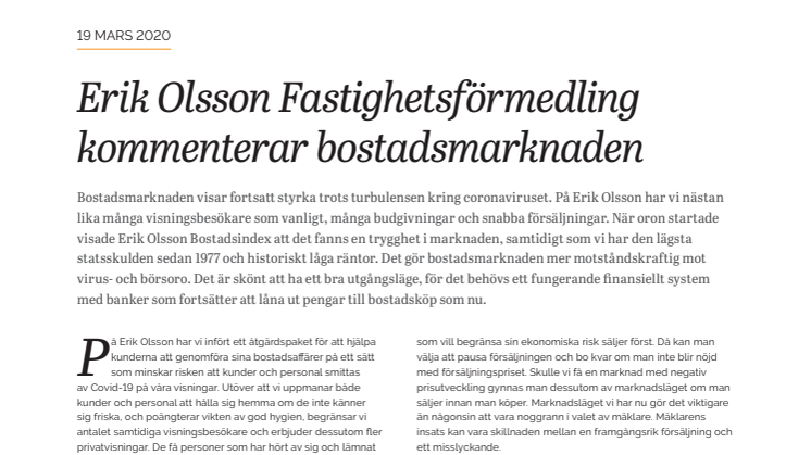 Erik Olsson Fastighetsförmedling kommenterar bostadsmarknaden 19 mars 2020
