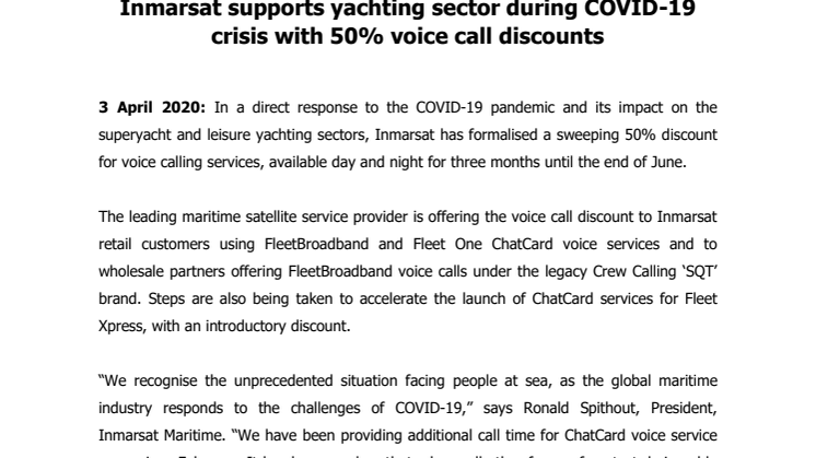 Inmarsat supports yachting sector during COVID-19 crisis with 50% voice call discounts