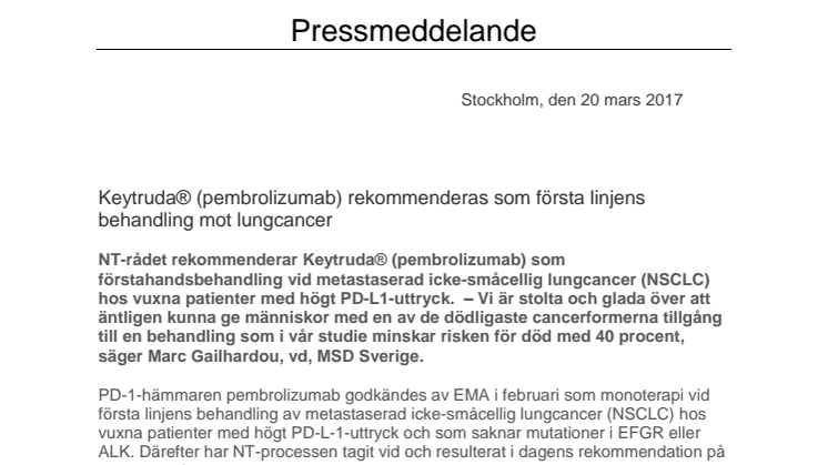 Keytruda® (pembrolizumab) rekommenderas som första linjens behandling mot lungcancer 