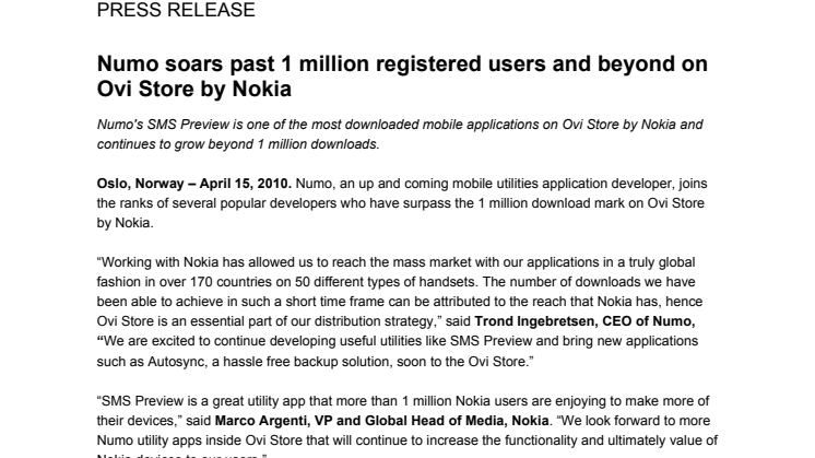 Numo soars past 1 million registered users and beyond on Ovi Store by Nokia 