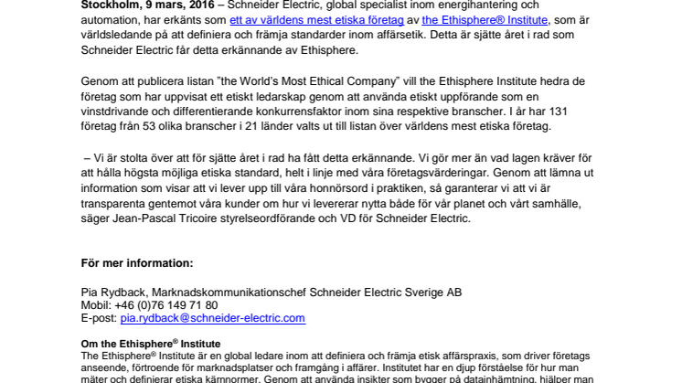 Schneider Electric utnämns till ett av världens mest etiska företag för sjätte året i rad  