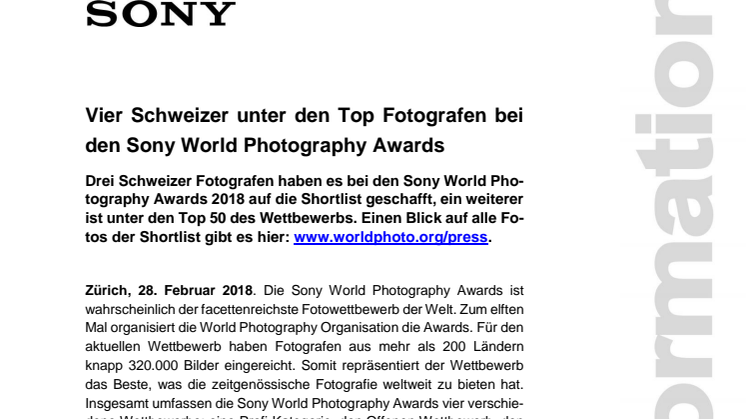 Vier Schweizer unter den Top Fotografen bei den Sony World Photography Awards