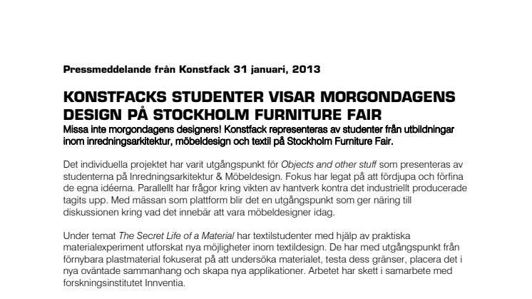 Konstfacks studenter visar morgondagens design på Stockholm Furniture Fair