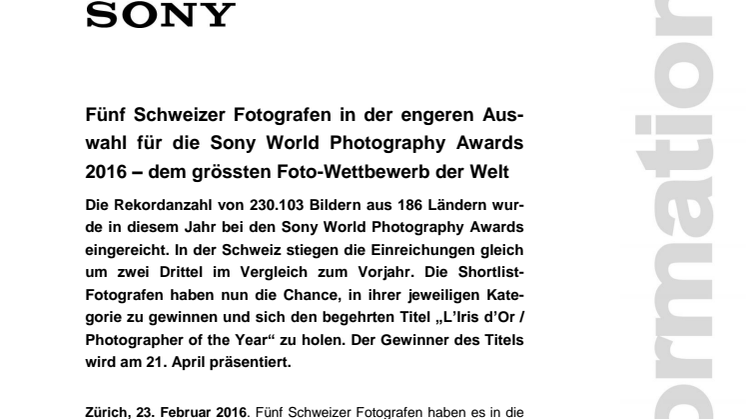 Fünf Schweizer Fotografen in der engeren Auswahl für die Sony World Photography Awards 2016 – dem grössten Foto-Wettbewerb der Welt