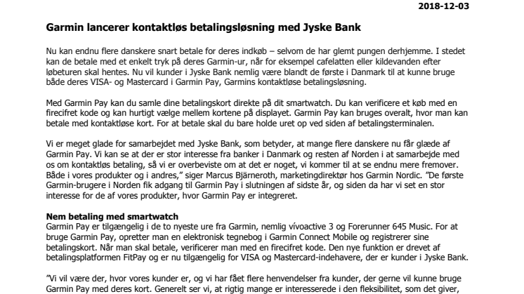 Garmin lancerer kontaktløs betalingsløsning med Jyske Bank