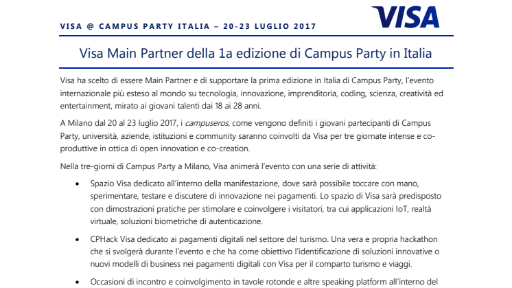 Visa Main Partner della 1a edizione di Campus Party in Italia