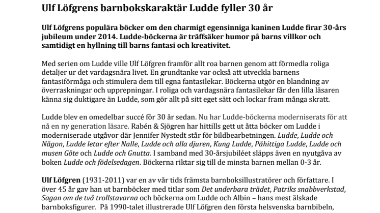 Ulf Löfgrens barnbokskaraktär Ludde fyller 30 år