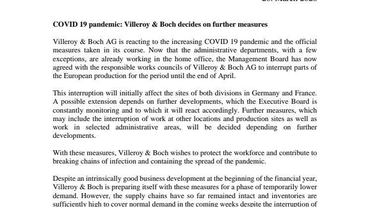 COVID 19 pandemic: Villeroy & Boch decides on further measures