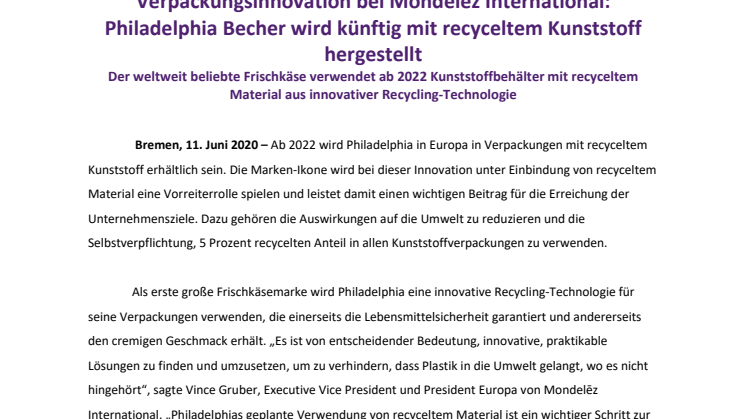 Verpackungsinnovation bei Mondelēz International: Philadelphia Becher wird künftig mit recyceltem Kunststoff hergestellt