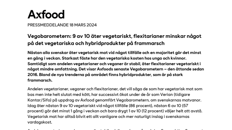 Vegobarometern- 9 av 10 äter vegetariskt, flexitarianer minskar något på det vegetariska och hybridprodukter på frammarsch .pdf