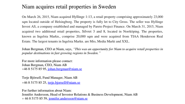 Niam acquires retail properties in Sweden