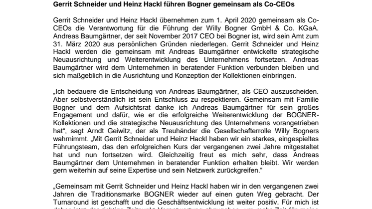  Gerrit Schneider and Heinz Hackl jointly lead Bogner as co-CEOs