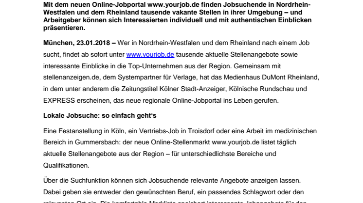 Neuer Online-Stellenmarkt für Nordrhein-Westfalen und das Rheinland 