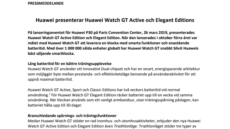 Huawei presenterar Huawei Watch GT Active och Elegant Editions 