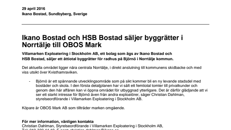 Ikano Bostad och HSB Bostad säljer byggrätter i Norrtälje till OBOS Mark 