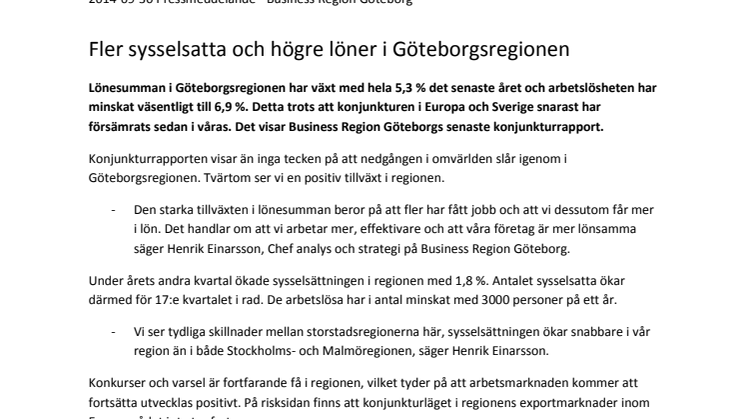 Fler sysselsatta och högre löner i Göteborgsregionen