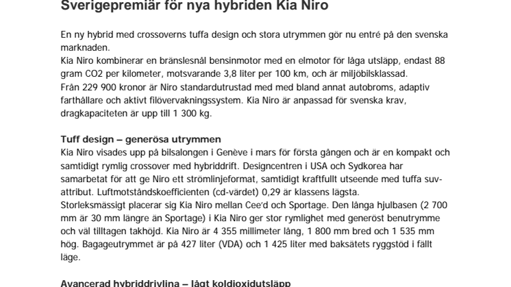 Sverigepremiär för nya hybriden Kia Niro 